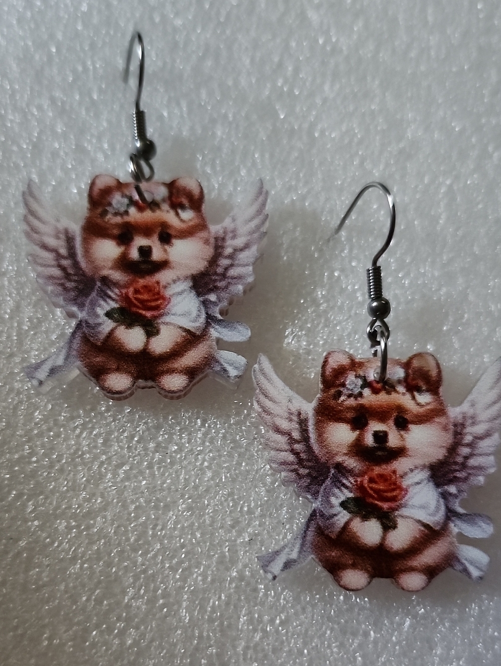 Hand Crafted Brown and White Angel Puppy Pom Earrings with Rose